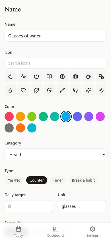 The Habit Editor screen showing the schedule picker open