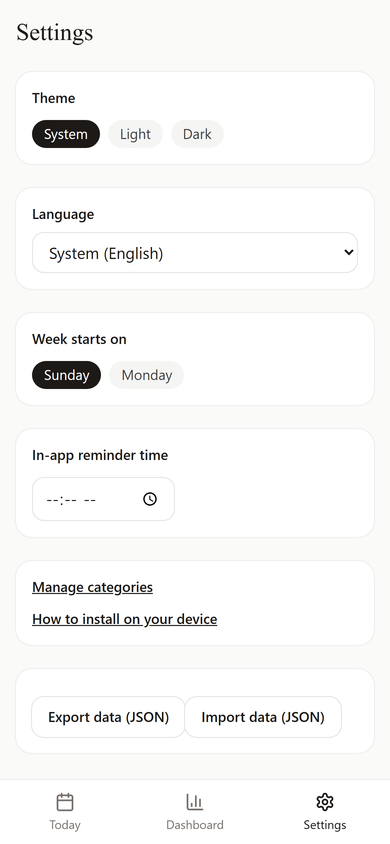 The Settings screen showing categories, colors, and theme controls