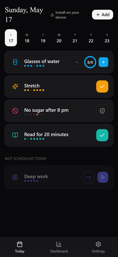 The Today screen in dark mode