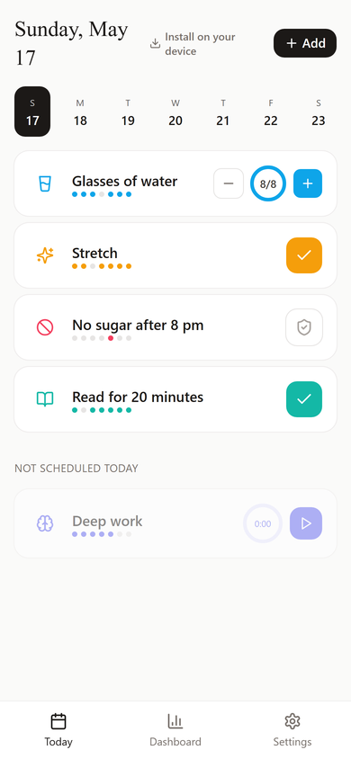 The Today screen showing a list of today's habits and a week strip across the top